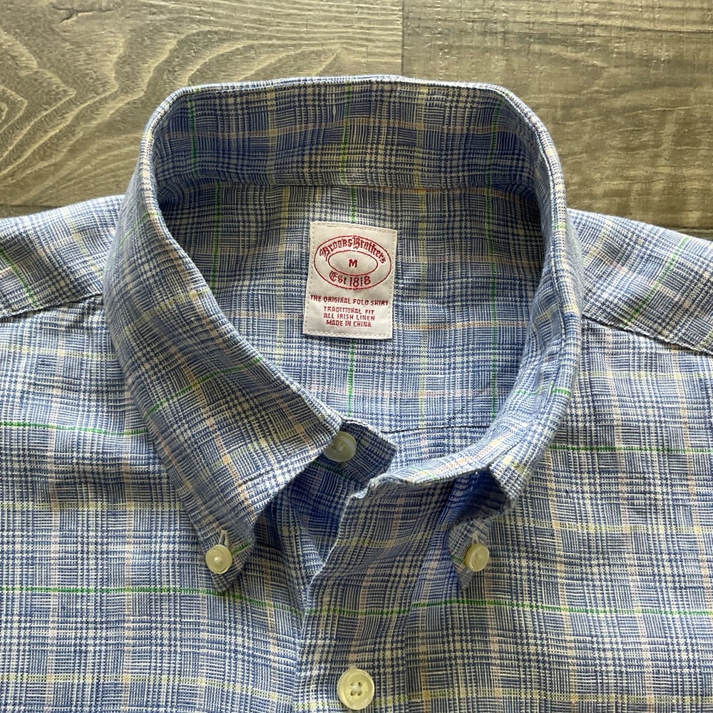 Brooks Brothers Irish Linen Shirt Mens MEDIUM Blue Plaid Button Down Long Sleeve - Picture 5 of 11